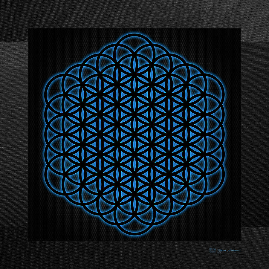Sacred Geometry - Black Full Flower of Life - Flow of Life with Blue Halo over Black Canvas Digital Art by Serge Averbukh