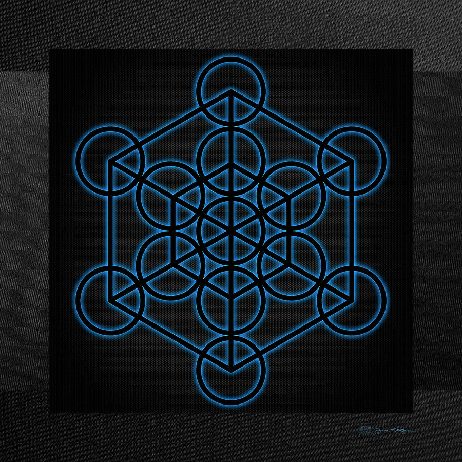 Sacred Geometry - Black Hexahedron Cube with Blue Halo over Black Canvas Digital Art by Serge Averbukh