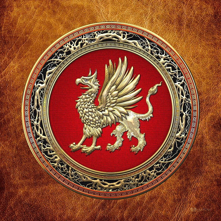 Mystery Symbols Photograph - Sacred Golden Griffin On Brown Leather by Serge Averbukh