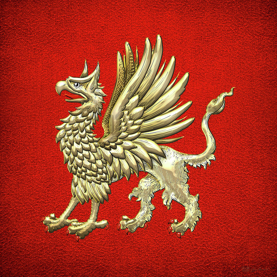 Sacred Golden Griffin on Red Leather Digital Art by Serge Averbukh