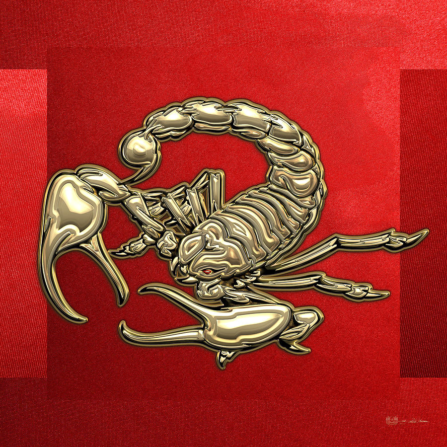 Sacred Golden Scorpion on Red Canvas Digital Art by Serge Averbukh