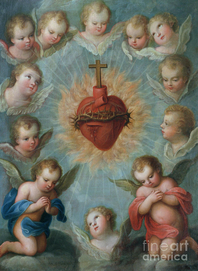 Sacred Heart of Jesus surrounded by angels Painting by Jose de Paez