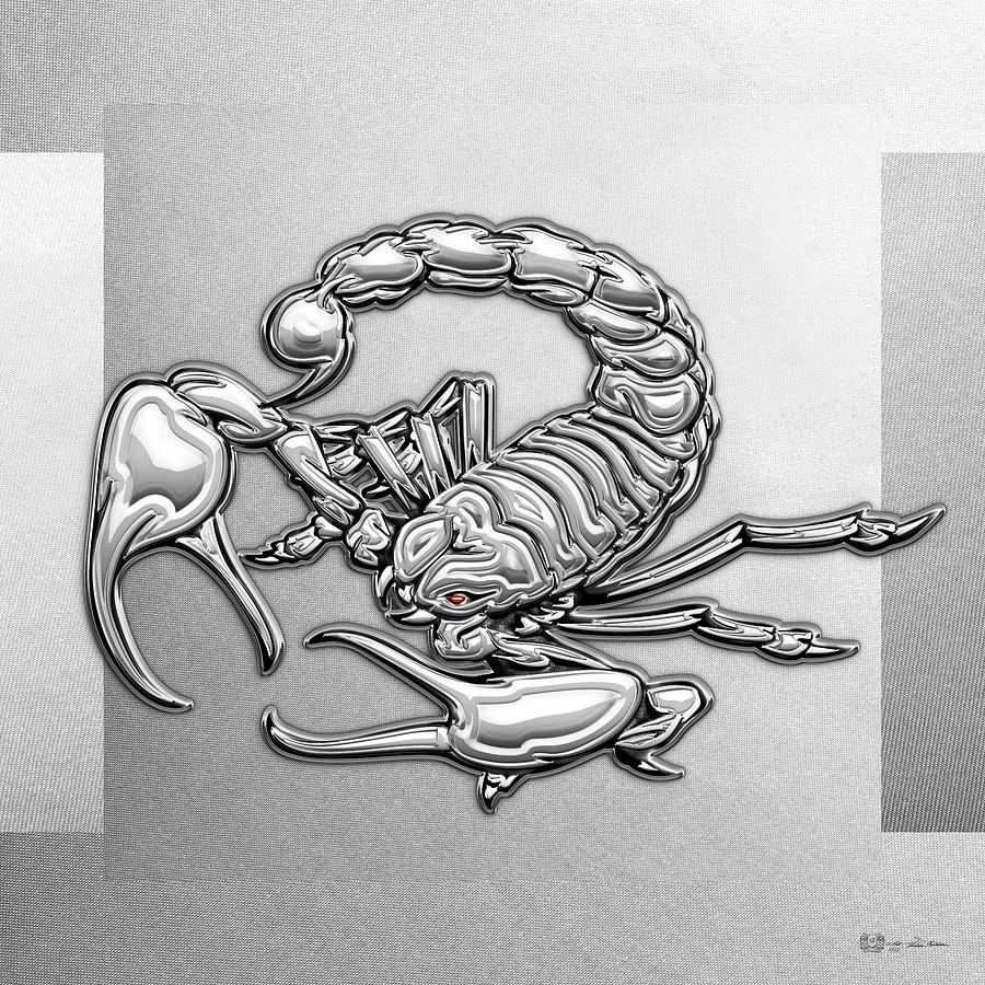 Sacred Silver Scorpion on White Canvas Digital Art by Serge Averbukh