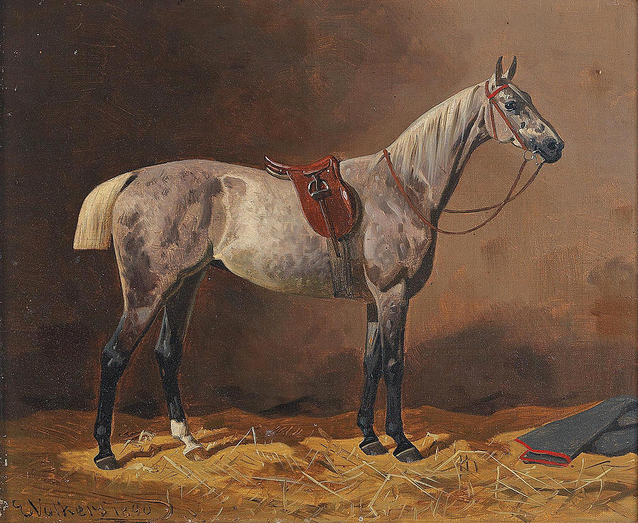 Saddled Racehorse in the Stable Painting by Emil Volkers