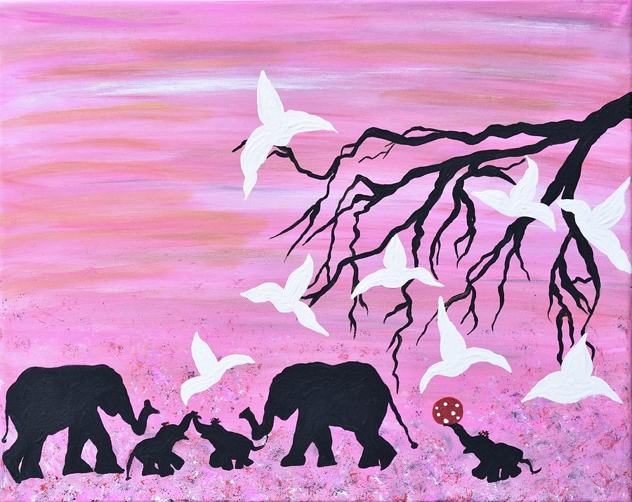 Safari Pink Painting Elephants Nursery Wall Art  Painting by Geanna Georgescu