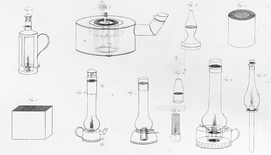 Safety lamps designed by Humphry Davy for use by miners Drawing by James Basire the younger