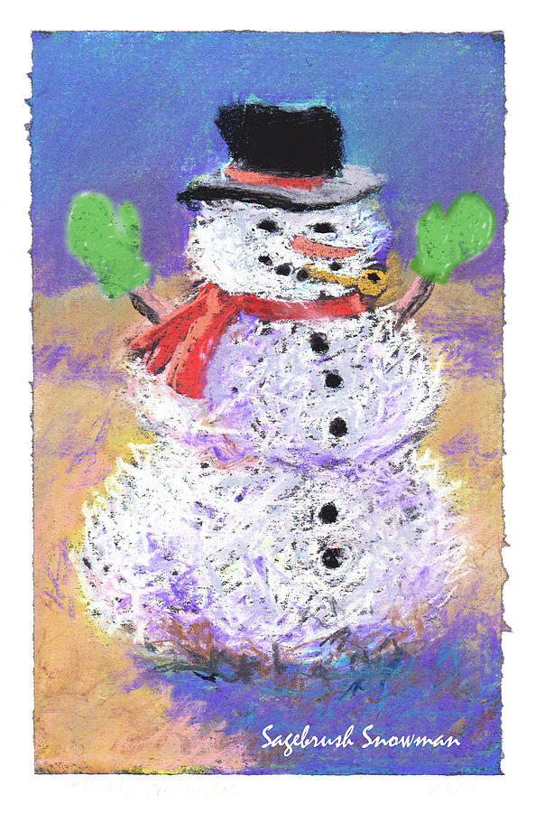 Sagebrush Snowman with Green Mittens Pastel by Mary Helmreich