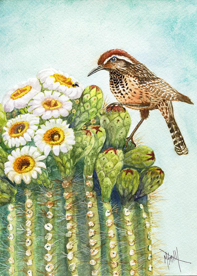 Saguaro and Cactus Wren Painting by Marilyn Smith