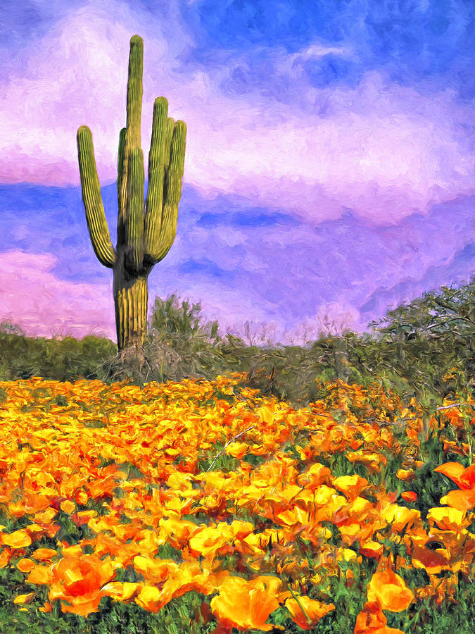 Saguaro and Poppies Painting by Dominic Piperata