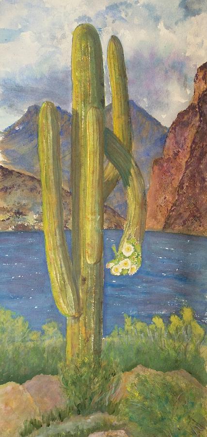 Saguaro by the Lake Painting by Cheryl Wallace