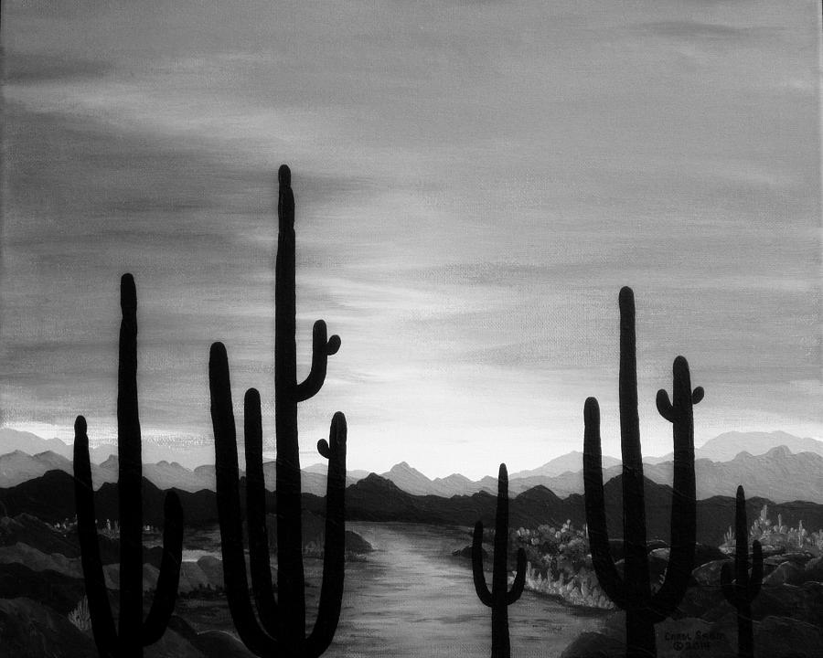 Saguaro Sunset Grayscale Painting by Carol Sabo