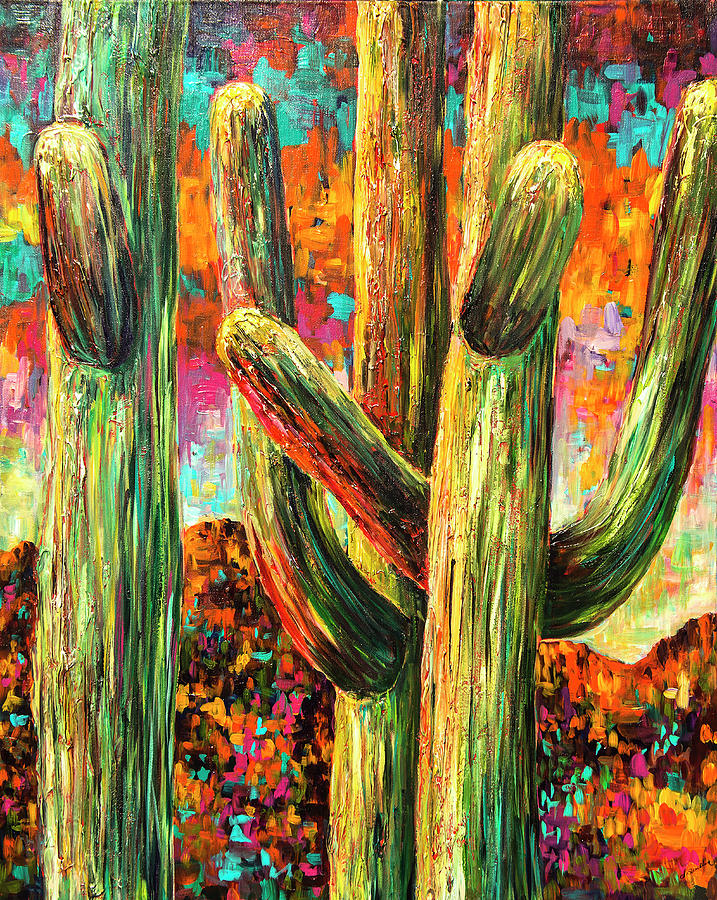 Saguaros at Sunset Painting by Sally Quillin