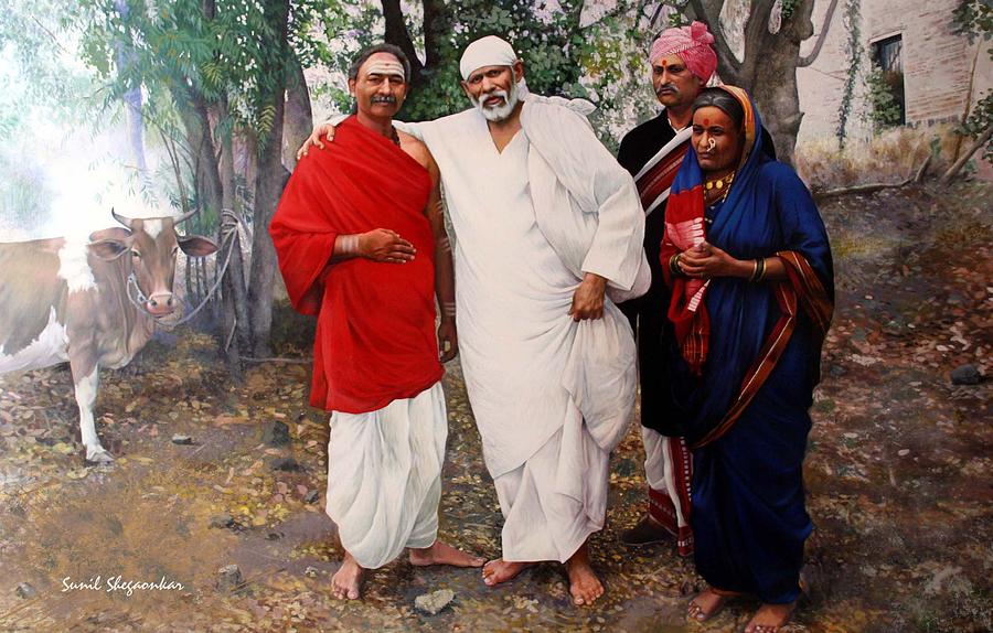 Shri Sai Baba Painting - Sai With Baijabai And Mhalsapati by Sunil Shegaonkar Shri Sai Baba Painting - Sai With Baijabai And Mhalsapati by Sunil Shegaonkar