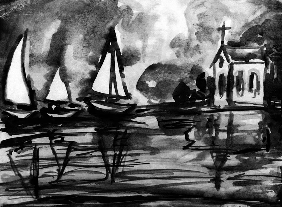 Sail boats and church Painting by Hae Kim