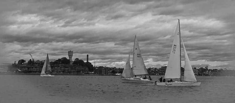 Black And White Photograph - Sail Boats And Cockatoo Island Backdrop by Miroslava Jurcik
