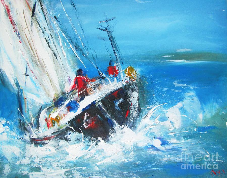 wall art Saiing boat on blue   Painting by Mary Cahalan Lee - aka PIXI