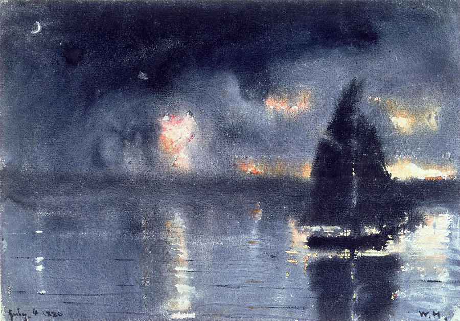 Sailboat and Fourth of July Fireworks Drawing by Winslow Homer
