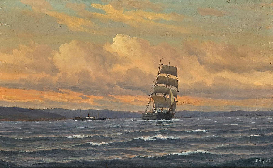 Sailboat And Steamship  Painting by Martin Aagaard