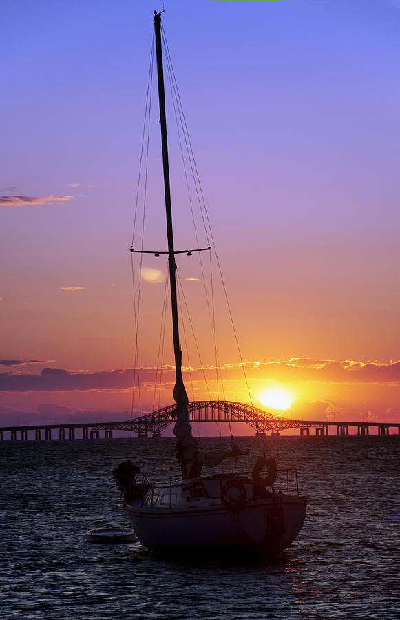 Sailboat And The Bridge At Sunrise Photograph By Vicki Jauron