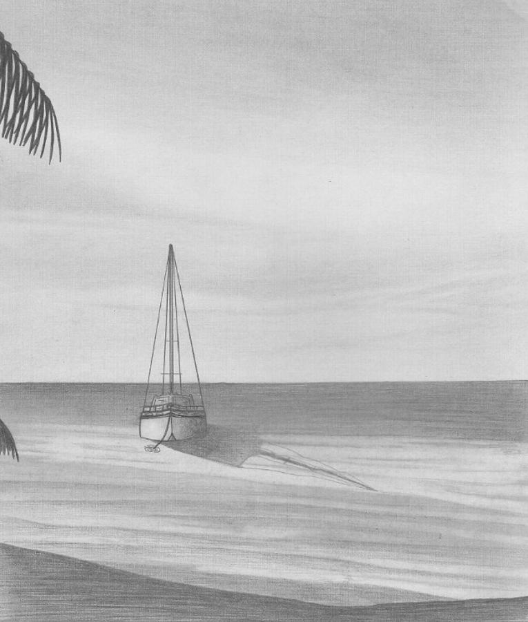 SailBoat at Anchor in Paradise - Man in the middle Drawing by Peter Griffen