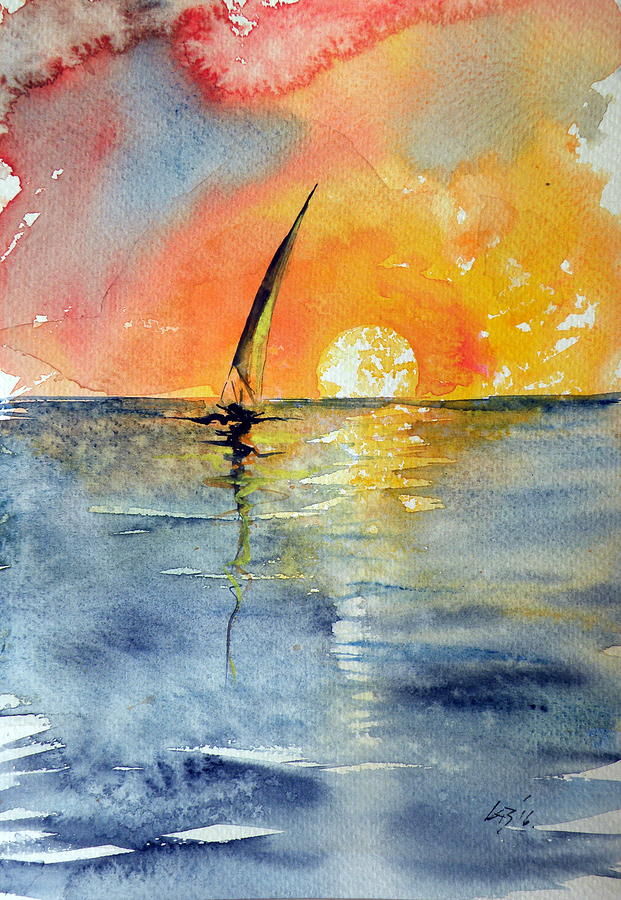 Sunset Painting - Sailboat at sunrise by Kovacs Anna Brigitta