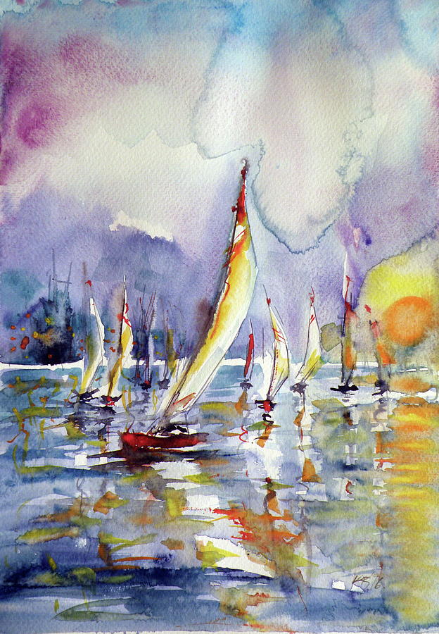 Sailboat at sunset Painting by Kovacs Anna Brigitta