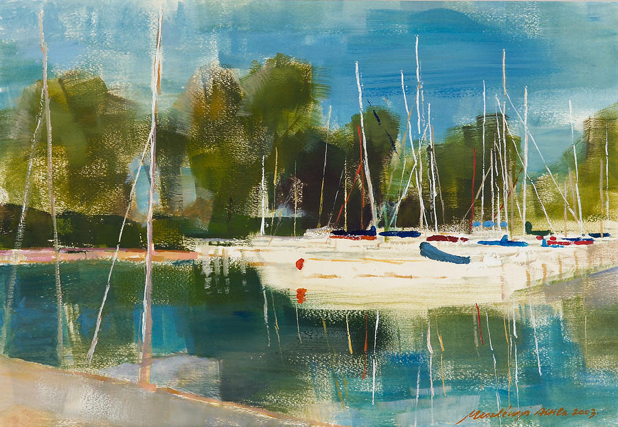 Sailboat Harbour Painting by Attila Meszlenyi