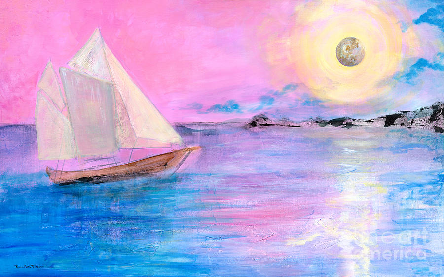 Sailboat in Pink Moonlight  Painting by Robin Pedrero