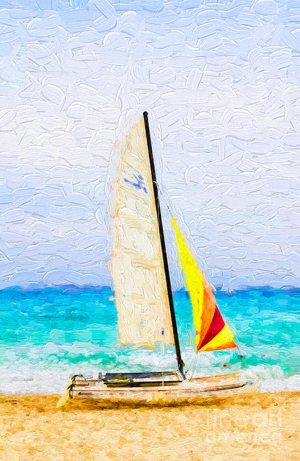 Sailboat on beach - painterly V3 Photograph by Les Palenik