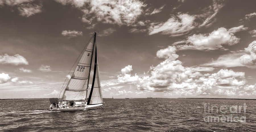 Sailboat Photograph - Sailboat Sailing on the Charleston Harbor Sepia Beneteau 40.7 by Dustin K Ryan