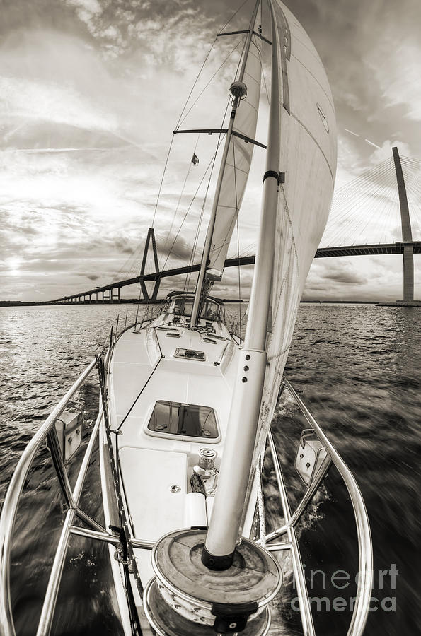Sailboat Photograph - Sailboat Sailing Past Arthur Ravenel Jr Bridge Charleston SC by Dustin K Ryan