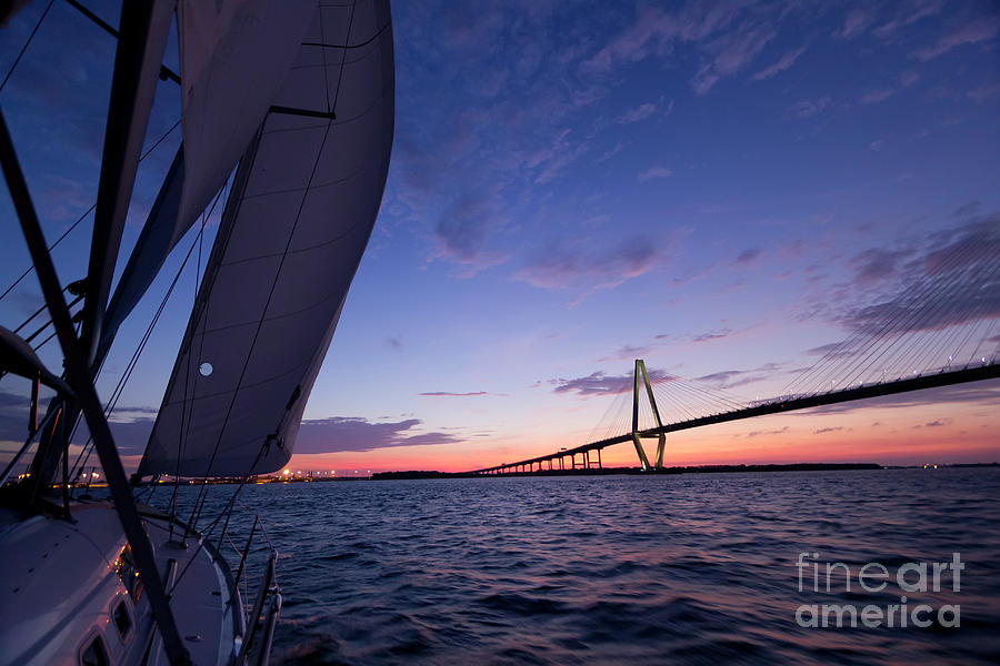 Sailboat Sailing Sunset on the Charleston Harbor  Photograph by Dustin K Ryan