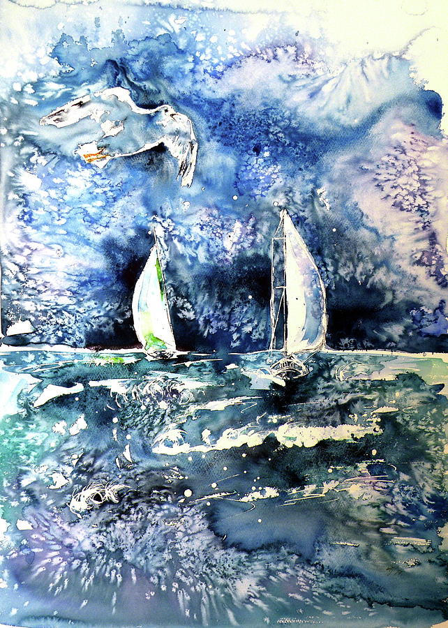 Sailboat with seaguls Painting by Kovacs Anna Brigitta