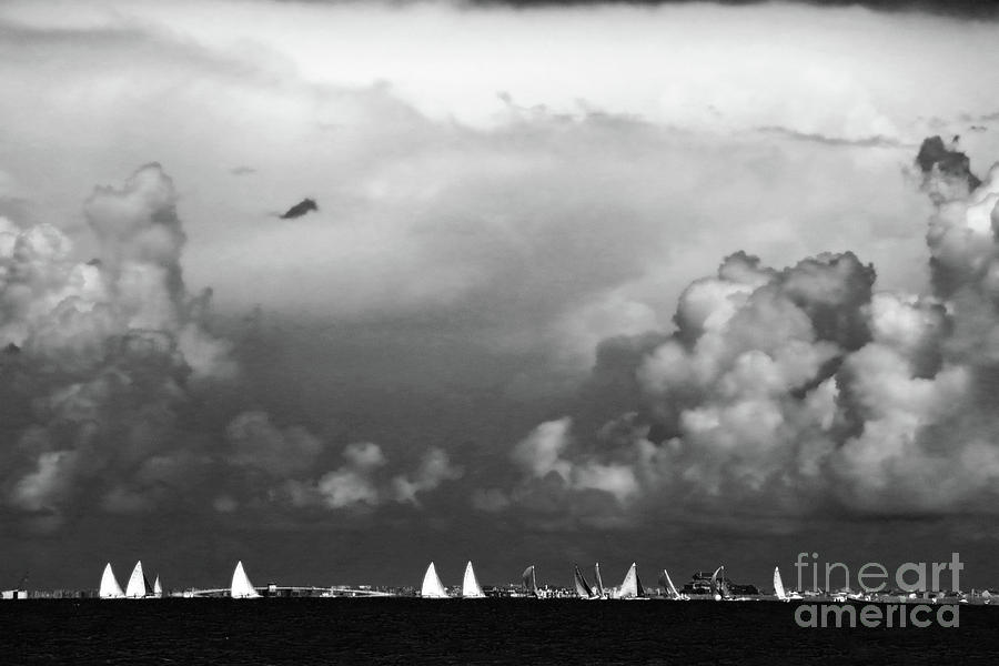 Sailboats and Thunderheads in BW Photograph by Mary Haber