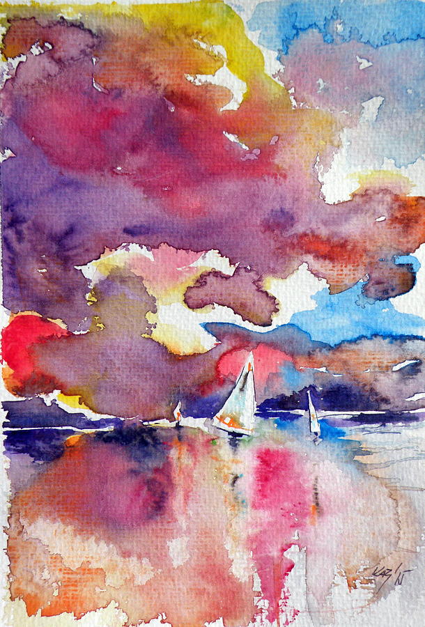 Sailboats at sunset Painting by Kovacs Anna Brigitta