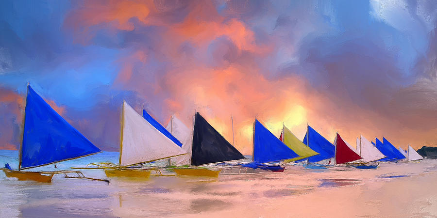 Sunset Painting - Sailboats on Boracay Island by Dominic Piperata