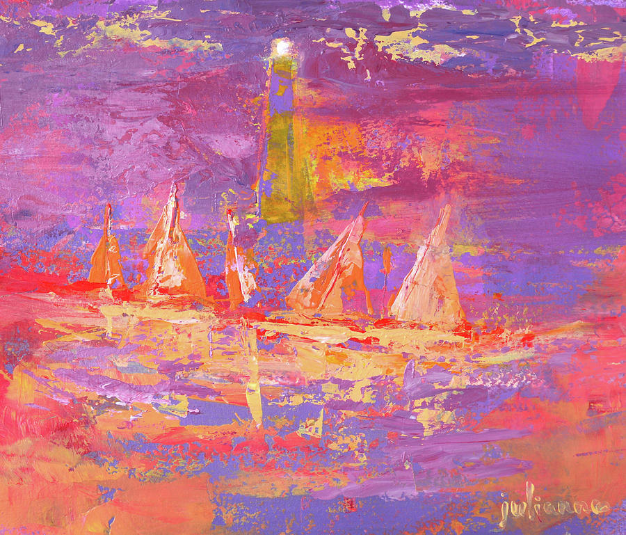 Sailboats with lighthouse at sunrise Painting by Julianne Felton