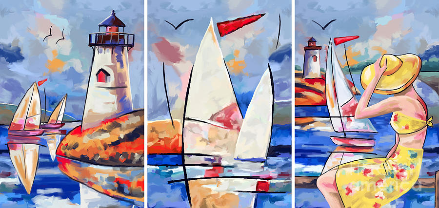 Sailboats And Lighthouses Painting by Tim Gilliland