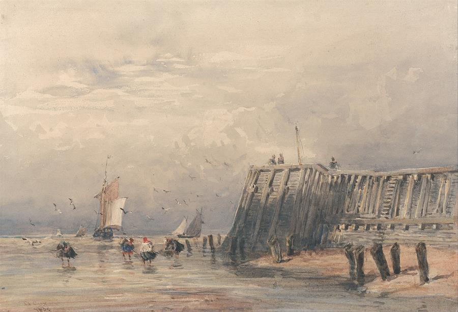 Sailing Barges and Shrimpers off a Pier by David Cox 1832 Painting by Celestial Images