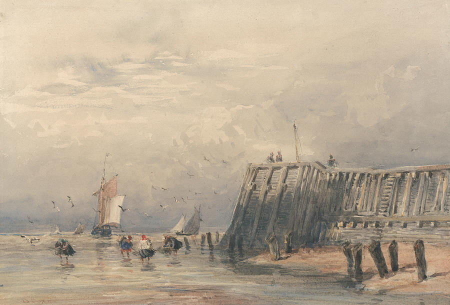 Sailing Barges and Shrimpers off a Pier Painting by David Cox
