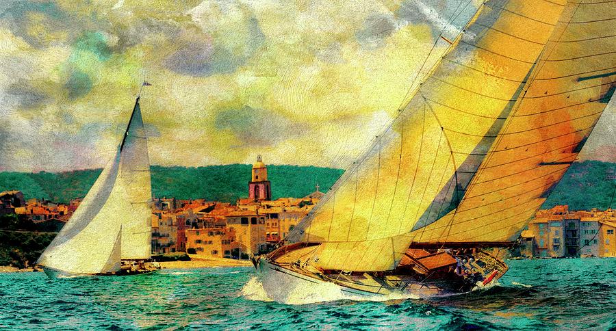 Sailing boats at sea St. Tropez Painting Photograph by Jean Francois Gil
