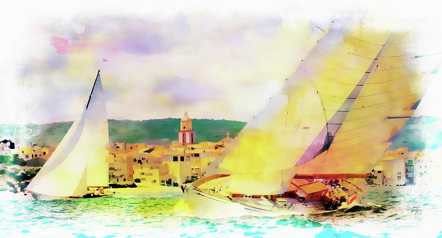Sailing boats at sea St. Tropez, Painting  styles Photograph by Jean Francois Gil