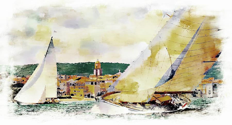  Sailing boats at sea St. Tropez, Tan black painted border Photograph by Jean Francois Gil