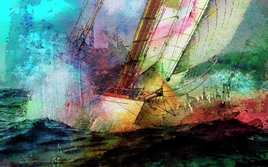 Sailing boats at sea, Watercolor vibrant, Photograph by Jean Francois Gil