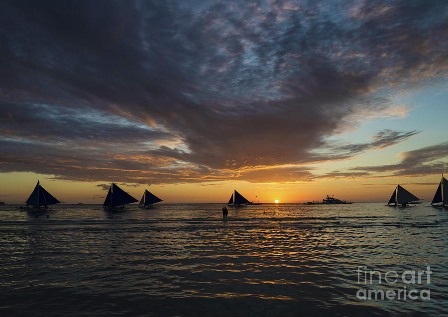 Sailing Boats At Sunset Boracay Tropical Island Philippines Photograph by JM Travel Photography