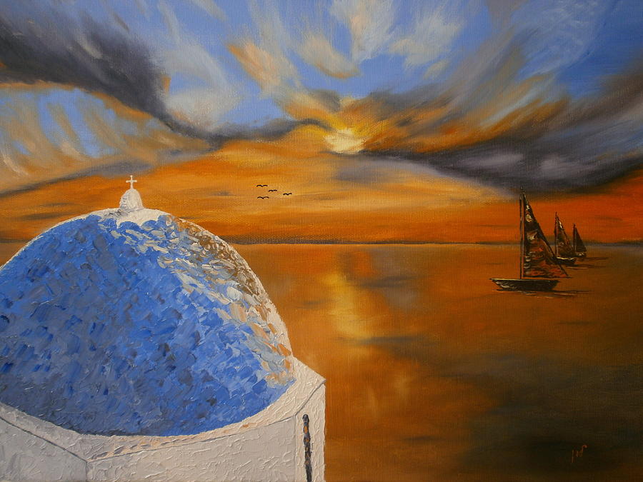 Sunset Painting - Sailing boats by Maria Woithofer