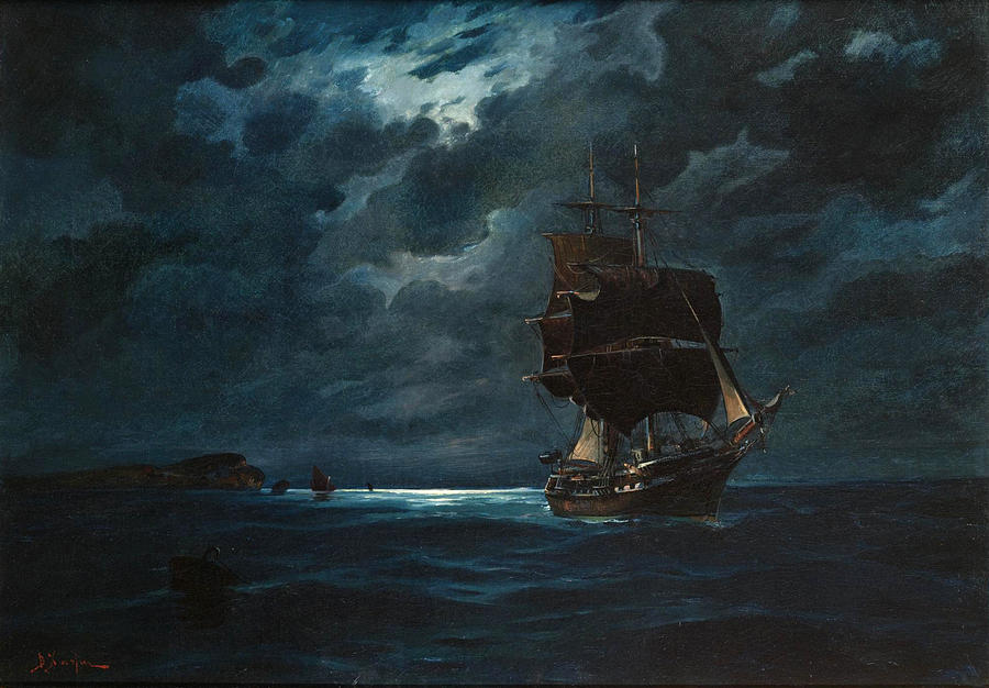 Sailing by Moonlight Painting by Vasilios Chatzis