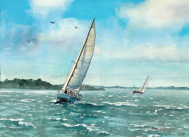 Sailing Harbor Islands Painting by Laura Lee Zanghetti