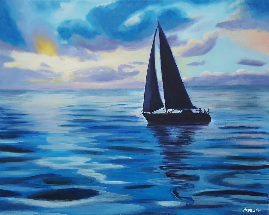 Sailing in cerulean blue Painting by Anila Ayilliath - Fine Art
