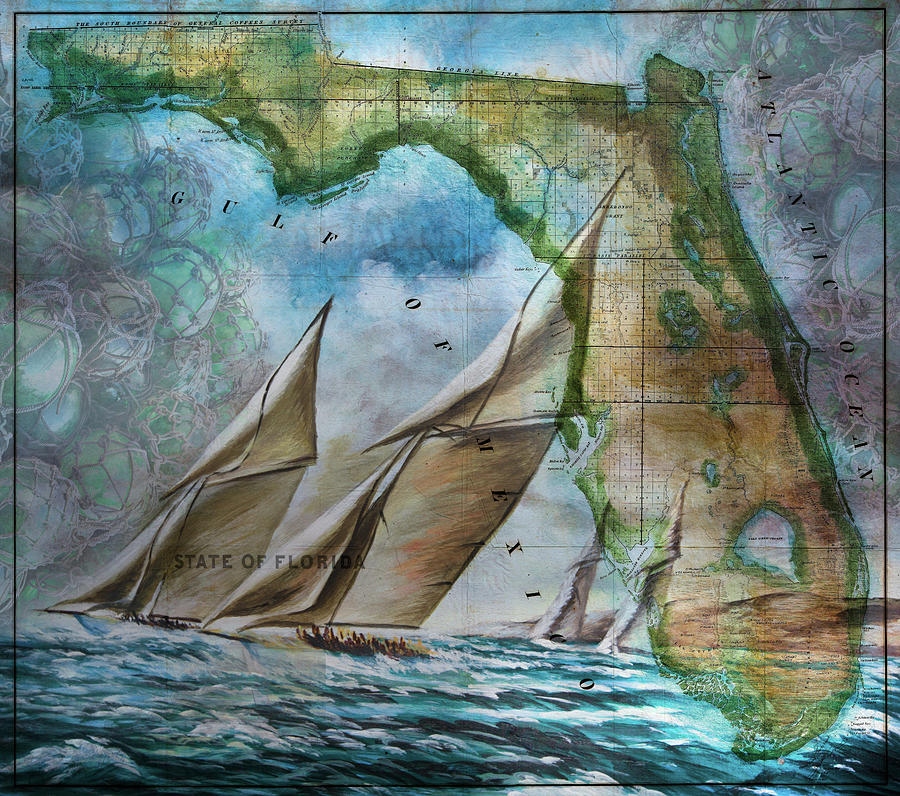Sailing in Florida Antique Map Photograph by Debra and Dave Vanderlaan
